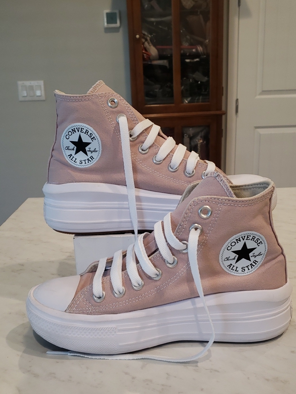 Converse High Top Platform Sneakers in Pale Pink and White Size 7